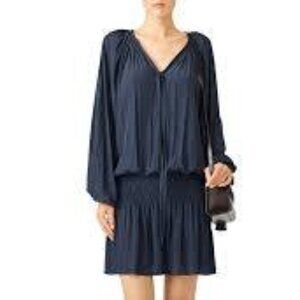 Ramy Brook Paris Navy Smocked Waist V-Neck Tassel Long Sleeve Medium Mini Dress
